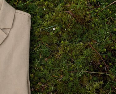 Photography of a peaceful North American outdoor setting with soft-textured clothing visible, evoking a feeling of comfort and security. Composition is uncluttered and spacious with moss green and beige accents.