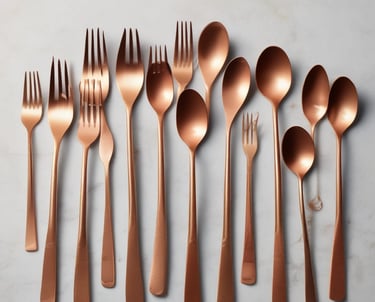 Set of elegant copper silverware arranged on a linen napkin with soft natural light.