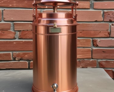Artisan-crafted copper water filter with intricate detailing, placed beside fresh glass of water.