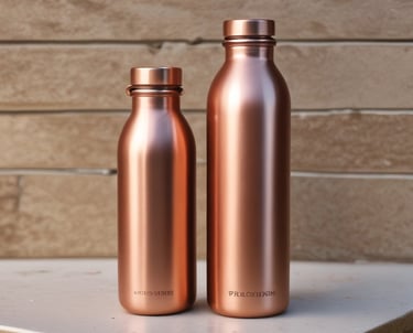 Close-up photo of a polished copper water bottle reflecting warm light on a wooden table.