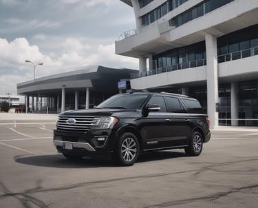A sleek black car waiting curbside at a busy airport terminal with luggage nearby.