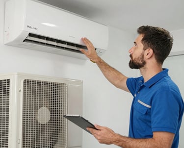An electrician carefully installing a new light fixture in a stylish living room with large windows overlooking Dubai skyline.