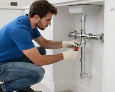 A skilled plumber fixing a modern kitchen sink in a bright Dubai apartment.