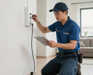 An electrician carefully wiring a contemporary living room light fixture.