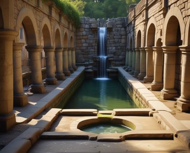 Historic water architecture with detailed stonework and flowing water