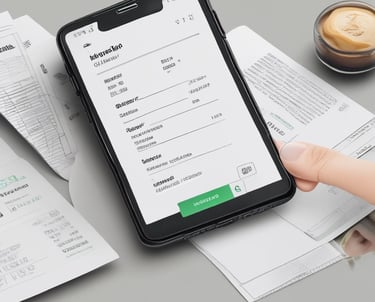 A close-up of hands scanning invoices with a modern scanner on a wooden desk.