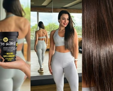 Modelo Suelen de cabelo brilhante segurando a máscara de hidratação Morte Súbita da Lola Cosmetics