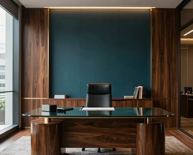 Real-world professional photography of a modern, sophisticated law office meeting room in São Paulo, Brazil. Glass desk, elegant lighting, and dark wood finishes. Muted gold and dark teal decor tones. Clean corporate backdrop.