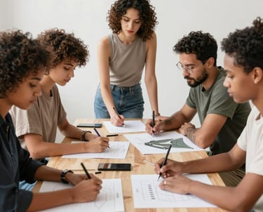 A diverse group of artists and designers collaborating around a table with fabric samples and sketches.