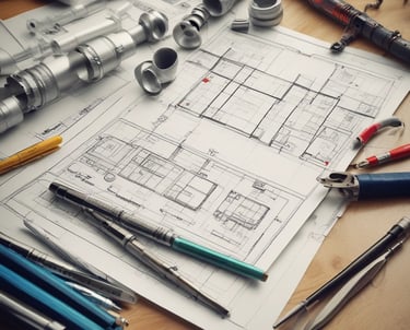 Engineers collaborating over detailed MEP system blueprints in a bright office.