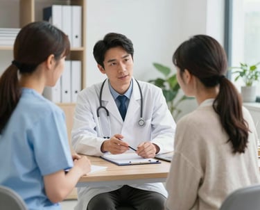 Professional doctor in white coat consulting with patients in a bright medical clinic office.