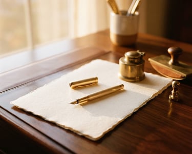 Elegant textured paper, brass details, and a gold-plated pen on a polished dark wood desk, warm golden-hour window light, shallow depth of field, 35mm