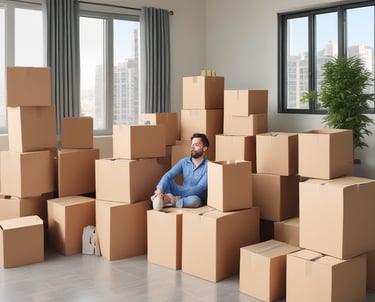 A man sits among a large stack of cardboard moving boxes in a bright, modern apartment room.