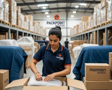 Professional female packer using bubble wrap for secure shipping in a Packpoint Movers logistics warehouse.