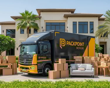 Packpoint Movers truck parked outside a luxury villa with cardboard boxes and furniture for residential moving services.