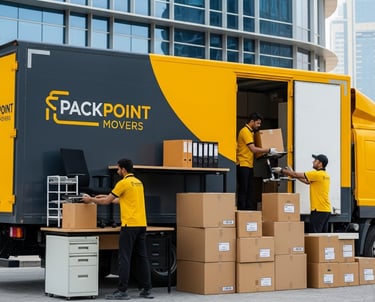 Professional Packpoint Movers loading cardboard boxes and office furniture into a yellow and grey moving truck.