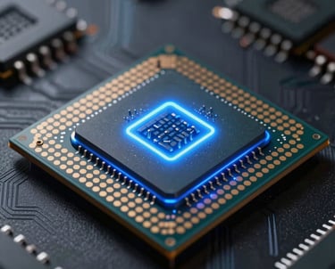 A photography of a high-tech processor chip glowing with blue light, set against a dark background, symbolizing the technological heart of our marketing strategies.
