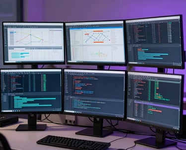 A photography of a professional workplace with three high-resolution monitors displaying complex data charts and code, with a subtle violet backlight in a modern office.
