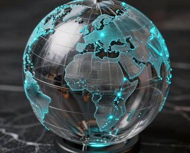 A high-quality macro photograph of a metallic digital globe with glowing cyan nodes, sitting on a dark marble surface, representing global reach and regional impact.
