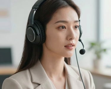 A close-up portrait of a professional woman in a bright, airy North American studio, wearing light-colored attire and professional headphones, looking insightful and engaged.