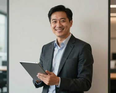 A professional portrait of a business person in a North American setting, holding a tablet and smiling warmly, framed against a modern off-white interior wall.
