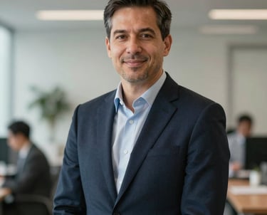 A professional portrait of an executive in a North American corporate environment, wearing a dark navy blazer, exuding confidence and leadership, with a blurred office backdrop.