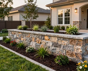 A winding stone walkway bordered by lush greenery and colorful flowers, leading to a charming front door.