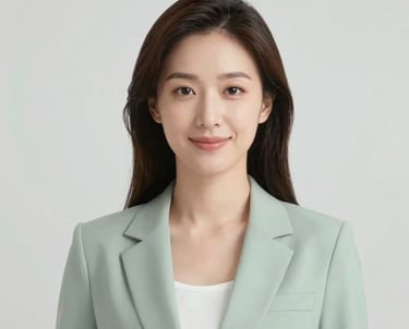 A professional portrait of a woman in a bright, modern studio. She has an approachable yet professional demeanor. The color palette is neutral with soft accents of #A4BC9F. Very high-quality, clear photography.