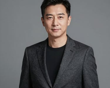 A professional, high-end portrait of a man in his 40s with a sharp, professional look. Minimalist grey background, soft studio lighting. He is wearing a dark #2C3333 blazer. Refined and trustworthy aesthetic.