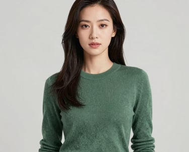 A professional portrait of a woman with a confident, artistic expression. She is in a minimalist studio with soft, even lighting. The background is a clean #F7F7F7. Her attire is a sophisticated knit in #597E52.