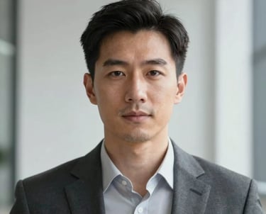 A professional portrait of a man with a focused, intelligent gaze. Minimalist architectural background with clean vertical lines. Lighting is crisp, reflecting a professional and high-tech brand mood. Wearing #2C3333.