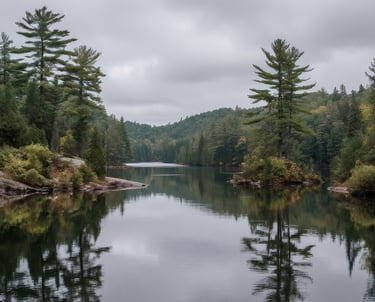 Calm Canadian river and forest landscape representing continuity and historical genealogy research
