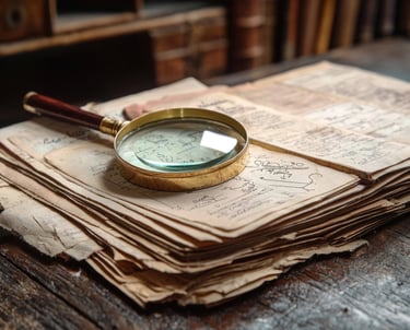 Historical documents and handwritten genealogy research notes examined with a magnifying glass
