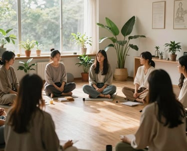 A peaceful classroom with soft natural light filtering through, attendees engaged in a spiritual workshop surrounded by plants