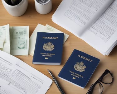 A welcoming office scene where a lawyer is advising a client about immigration paperwork.