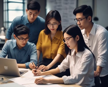 A friendly team collaborating around a laptop, with olive green and warm cream accents in a modern office setting.