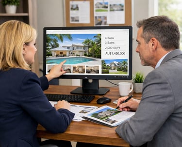 Australian real estate agents reviewing property listings and marketing compliance on desk top computer