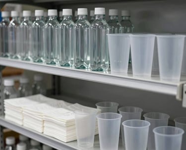 A rustic wooden shelf neatly displaying bottles, cups, and paper products in warm natural light.