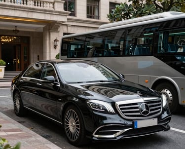 A modern white van driving on a highway with the holy city of Mecca in the background during sunset.