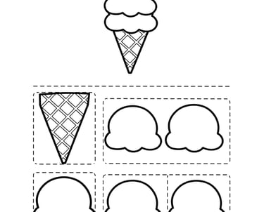 Printable cut and paste ice cream cone worksheet for kids' preschool craft activities.