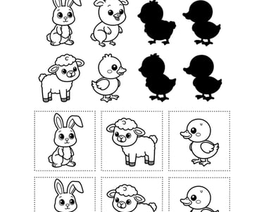 Spring animal shadow match activity worksheet for kids featuring a bunny, sheep, and chick.