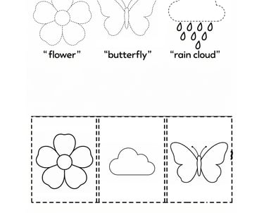 Printable fun brain activity for kids featuring a match the image worksheet with flower, butterfly, and rain cloud icons.