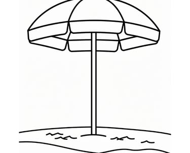 Printable beach activity coloring page featuring a simple beach umbrella line drawing in the sand.