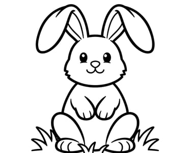 A cute Easter bunny coloring page for kids featuring a simple rabbit outline sitting in grass.