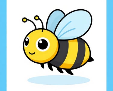 Cute cartoon honey bee illustration with yellow stripes and blue wings flying on a white background.