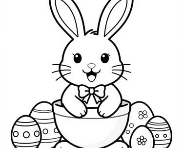 Cute Easter bunny coloring page featuring a rabbit in a bowl with decorated Easter eggs.