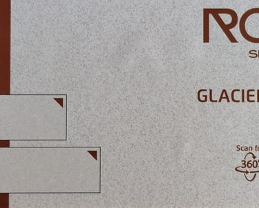 Rock Slabs Glacier Quartz full body 15mm slab sample with size options and QR code.