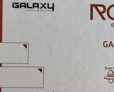 Galaxy Ash Rock Slabs 15mm thickness fullbody porcelain slabs label with size options and QR code.