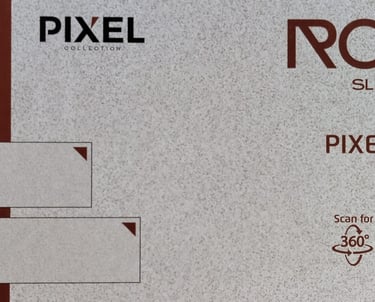 Pixel Smoke Rock Slabs advertisement showing 15mm thick fullbody porcelain tiles in multiple sizes.