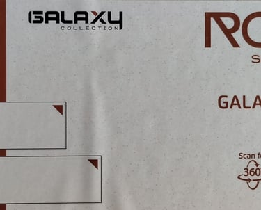 Galaxy Snow rock slabs product specifications showing 15mm thickness and various fullbody slab dimensions.